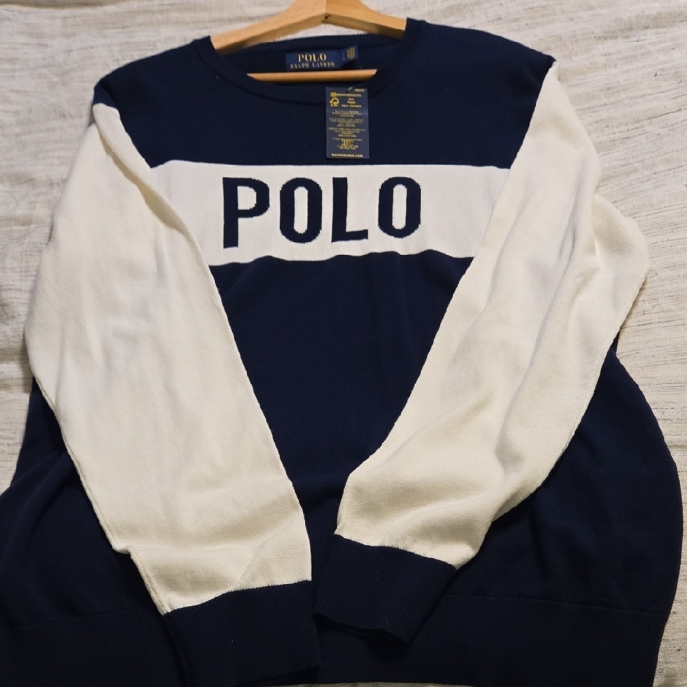 Polo by Ralph Lauren Navy and White Block Logo Crewneck Sweater